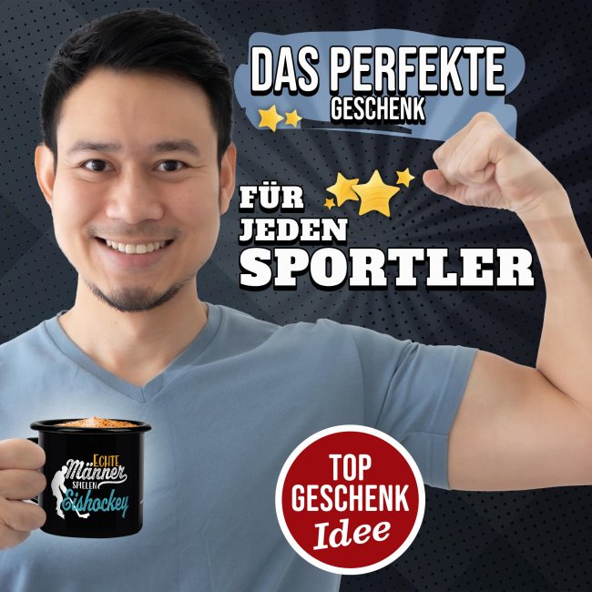 Schwarze Emaille-Tasse mit Spruch - Echte M&auml;nner spielen Eishockey