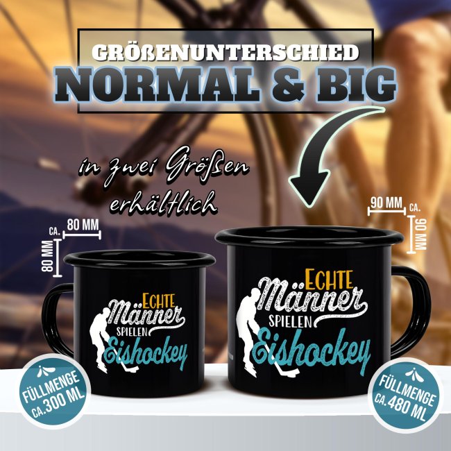 Schwarze Emaille-Tasse mit Spruch - Echte M&auml;nner spielen Eishockey