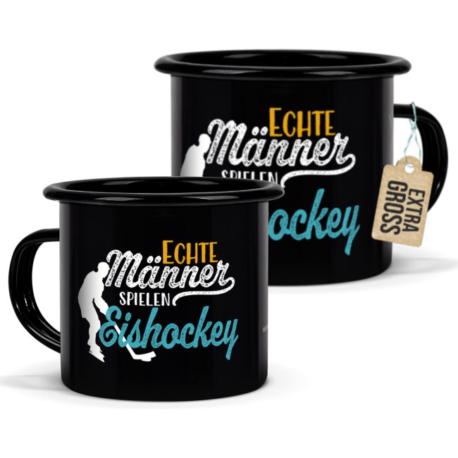 Schwarze Emaille-Tasse mit Spruch - Echte M&auml;nner spielen Eishockey