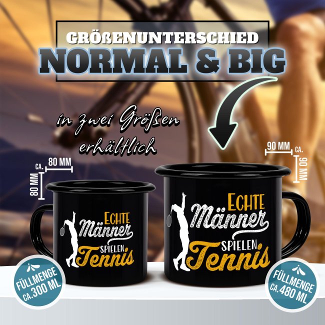 Schwarze Emaille-Tasse mit Spruch - Echte M&auml;nner spielen Tennis