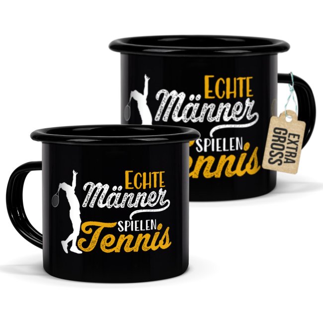 Schwarze Emaille-Tasse mit Spruch - Echte M&auml;nner spielen Tennis