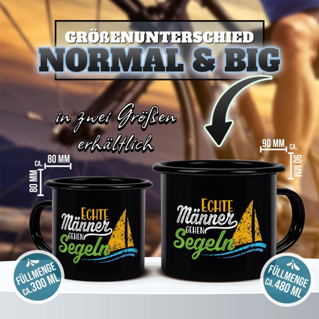 Schwarze Emaille-Tasse mit Spruch - Echte M&auml;nner gehen Segeln