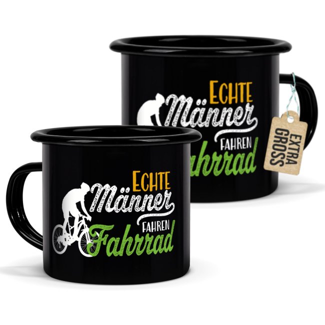 Schwarze Emaille-Tasse mit Spruch - Echte M&auml;nner fahren Fahrrad