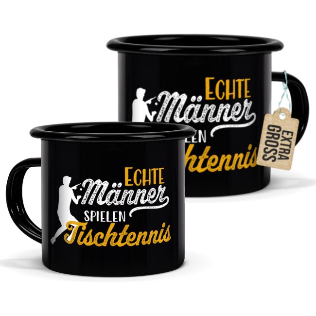 Schwarze Emaille-Tasse mit Spruch - Echte M&auml;nner spielen Tischtennis