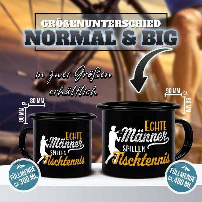 Schwarze Emaille-Tasse mit Spruch - Echte M&auml;nner spielen Tischtennis