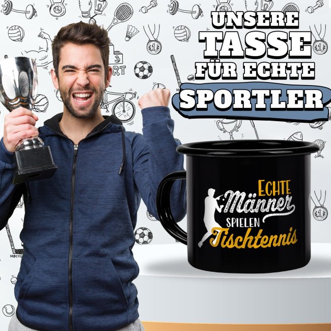 Schwarze Emaille-Tasse mit Spruch - Echte M&auml;nner spielen Tischtennis