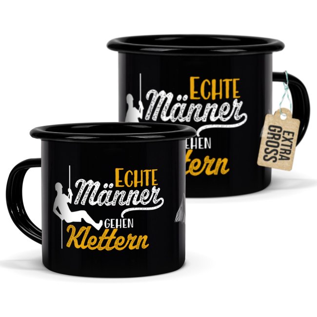 Schwarze Emaille-Tasse mit Spruch - Echte M&auml;nner gehen Klettern