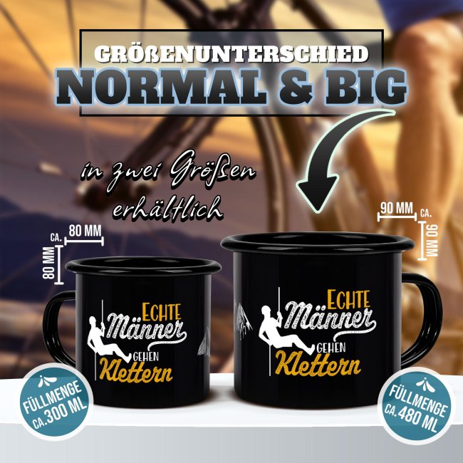 Schwarze Emaille-Tasse mit Spruch - Echte M&auml;nner gehen Klettern