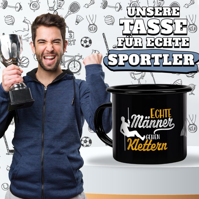 Schwarze Emaille-Tasse mit Spruch - Echte M&auml;nner gehen Klettern