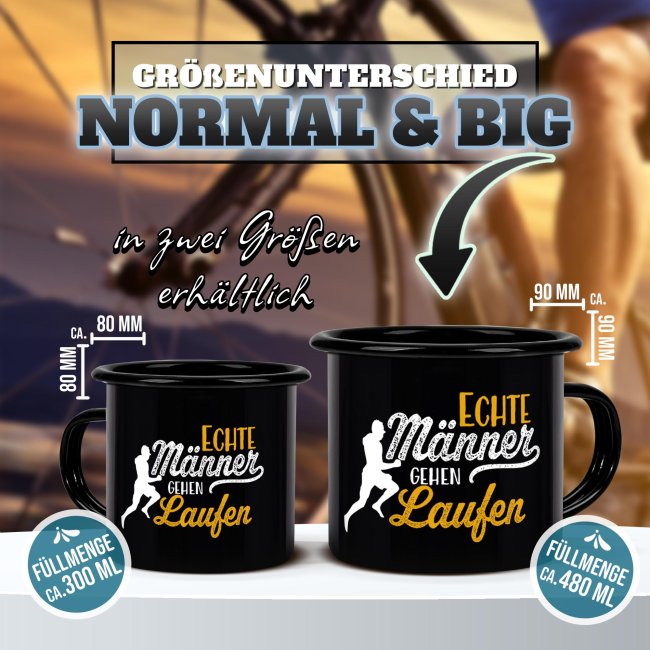 Schwarze Emaille-Tasse mit Spruch - Echte M&auml;nner gehen Laufen