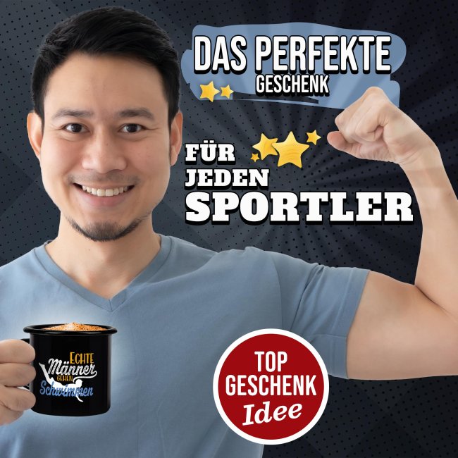 Schwarze Emaille-Tasse mit Spruch - Echte M&auml;nner gehen Schwimmen