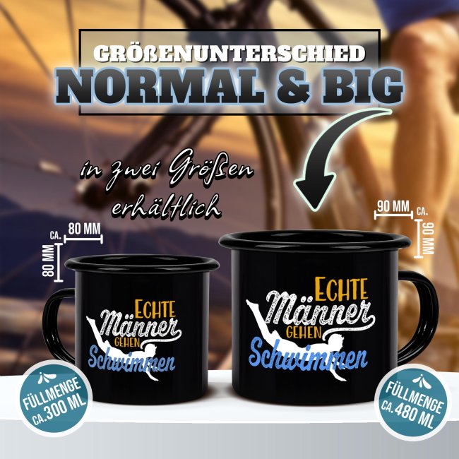 Schwarze Emaille-Tasse mit Spruch - Echte M&auml;nner gehen Schwimmen