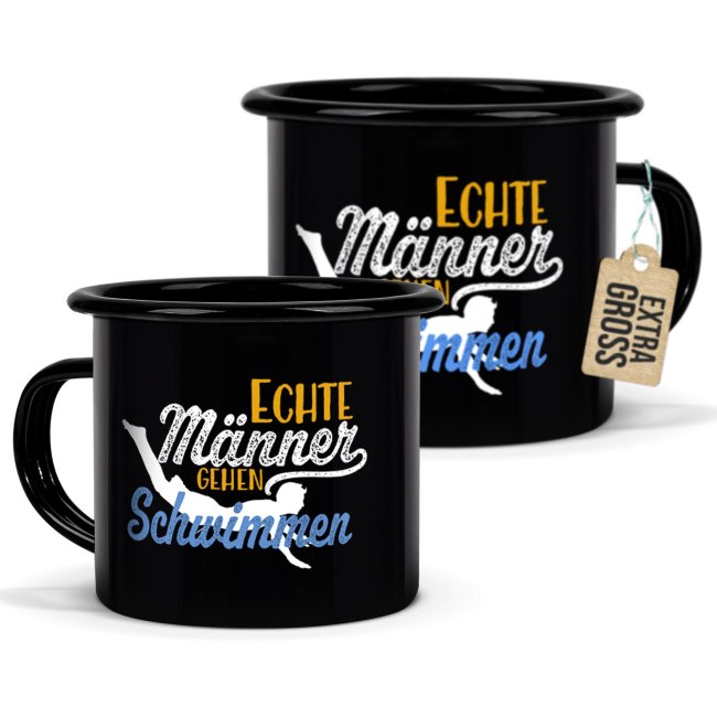 Schwarze Emaille-Tasse mit Spruch - Echte M&auml;nner gehen Schwimmen