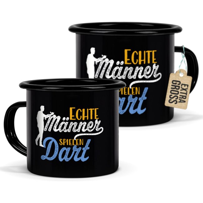 Schwarze Emaille-Tasse mit Spruch - Echte M&auml;nner spielen Dart