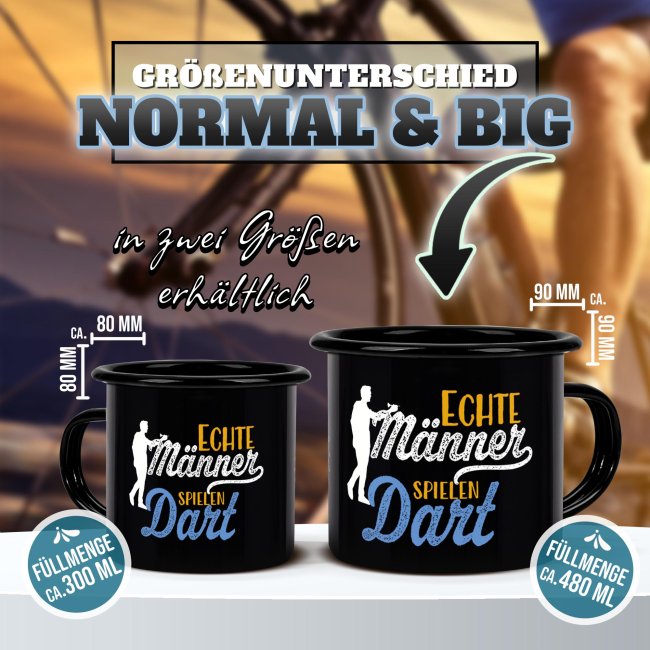 Schwarze Emaille-Tasse mit Spruch - Echte M&auml;nner spielen Dart