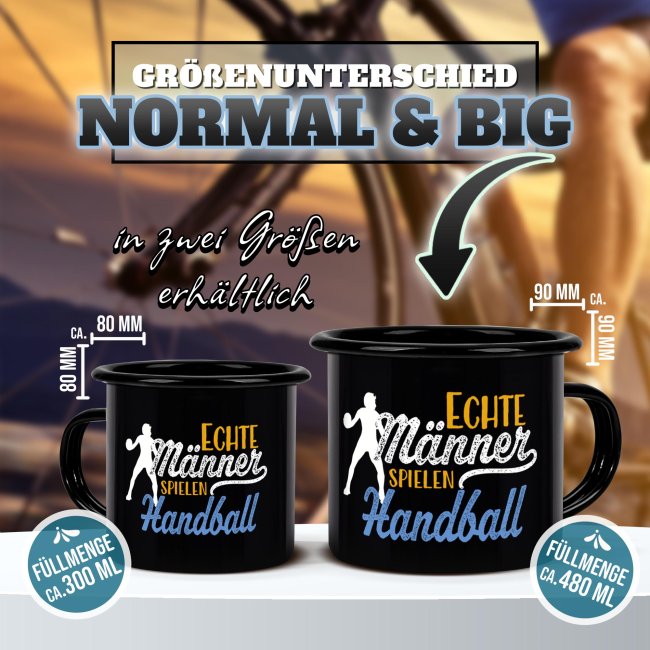 Schwarze Emaille-Tasse mit Spruch - Echte M&auml;nner spielen Handball