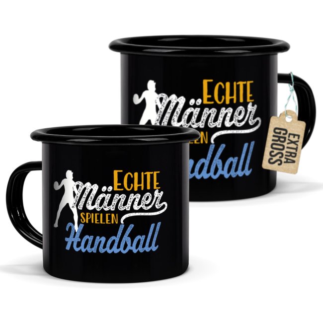 Schwarze Emaille-Tasse mit Spruch - Echte M&auml;nner spielen Handball