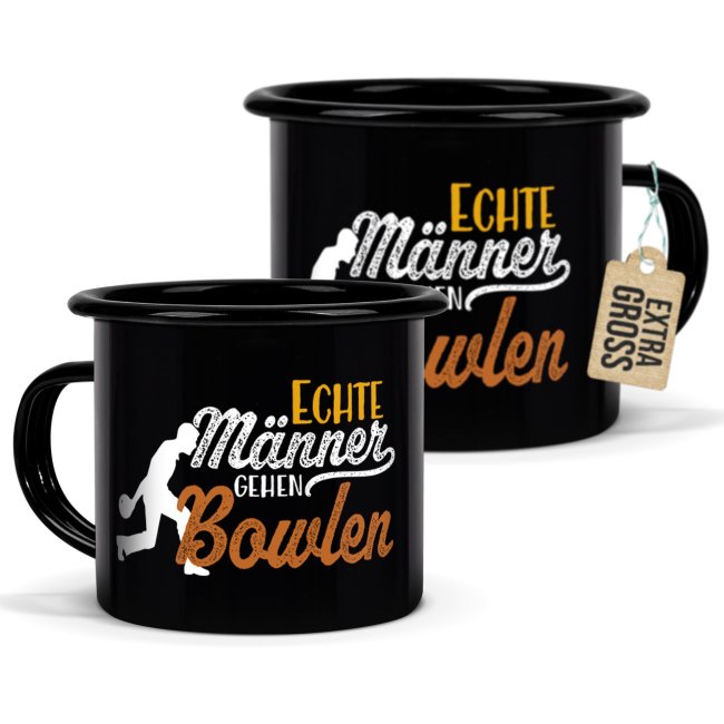 Schwarze Emaille-Tasse mit Spruch - Echte M&auml;nner gehen Bowlen