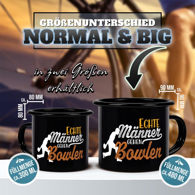 Schwarze Emaille-Tasse mit Spruch - Echte M&auml;nner gehen Bowlen