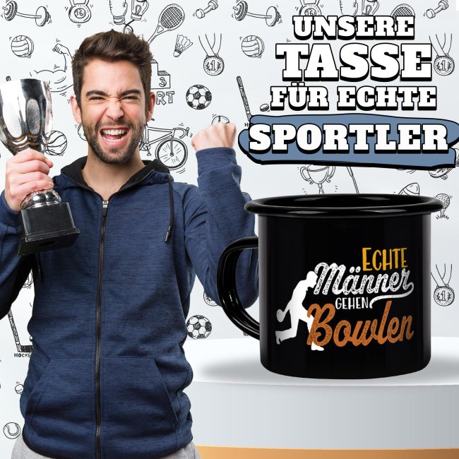 Schwarze Emaille-Tasse mit Spruch - Echte M&auml;nner gehen Bowlen