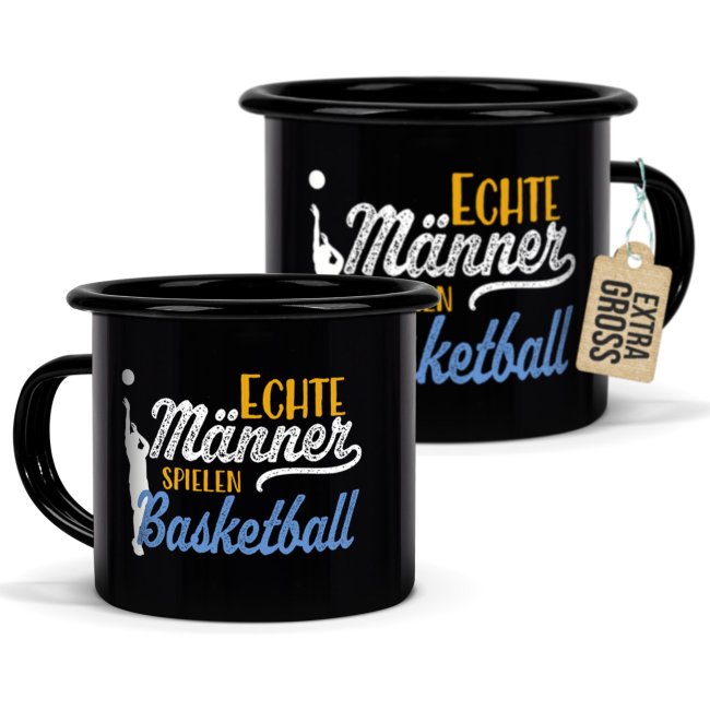 Schwarze Emaille-Tasse mit Spruch - Echte M&auml;nner spielen Basketball