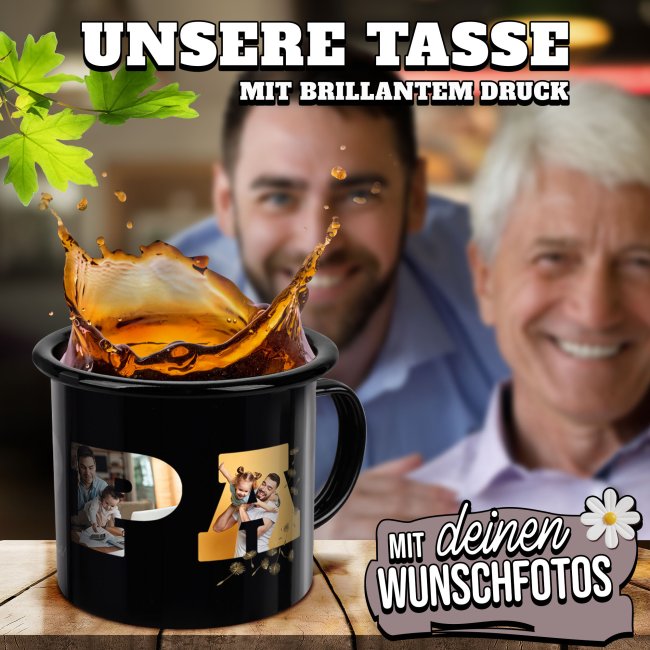 Schwarze Emaille-Tasse f&uuml;r Papa - mit Fotocollage f&uuml;r f&uuml;nf Fotos gestalten