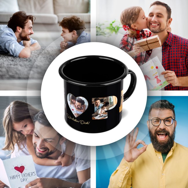 Schwarze Emaille-Tasse f&uuml;r Papa - mit Fotocollage f&uuml;r f&uuml;nf Fotos gestalten