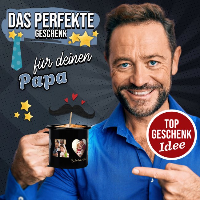 Schwarze Emaille-Tasse f&uuml;r Papa - mit Fotocollage f&uuml;r f&uuml;nf Fotos gestalten