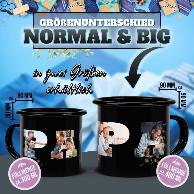 Schwarze Emaille-Tasse f&uuml;r Papa - mit Fotocollage f&uuml;r f&uuml;nf Fotos gestalten