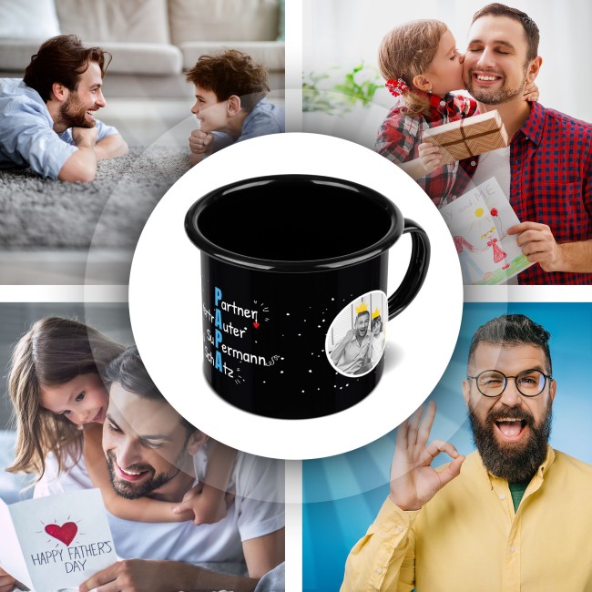 Emaille-Tasse in schwarz - Definition Papa - mit 2 Fotos