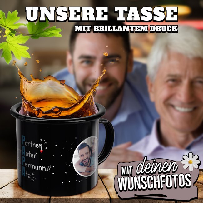 Emaille-Tasse in schwarz - Definition Papa - mit 2 Fotos