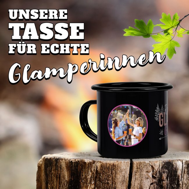 Emaille-Tasse in schwarz mit Spruch - Glamping Girls - mit 2 Fotos gestalten