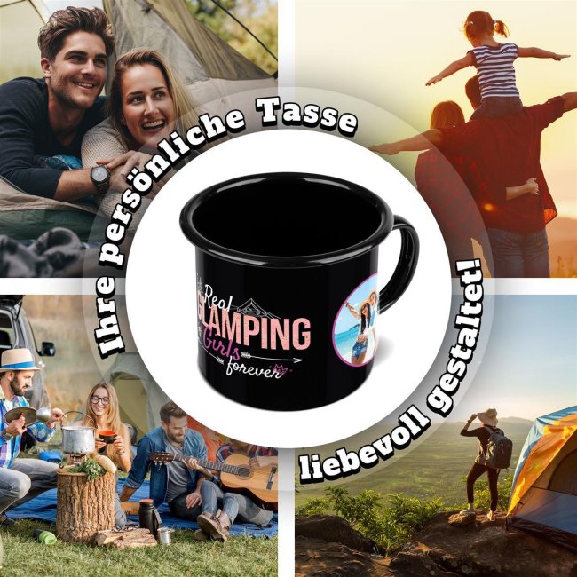 Emaille-Tasse in schwarz mit Spruch - Glamping Girls - mit 2 Fotos gestalten