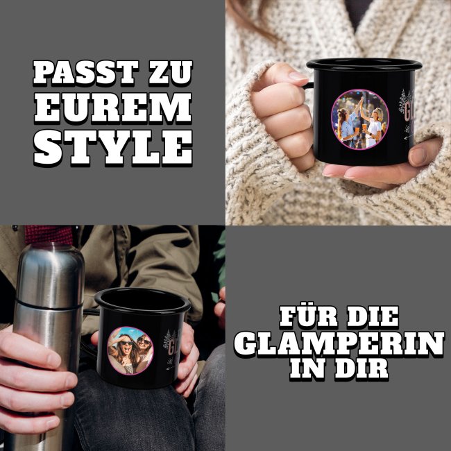 Emaille-Tasse in schwarz mit Spruch - Glamping Girls - mit 2 Fotos gestalten