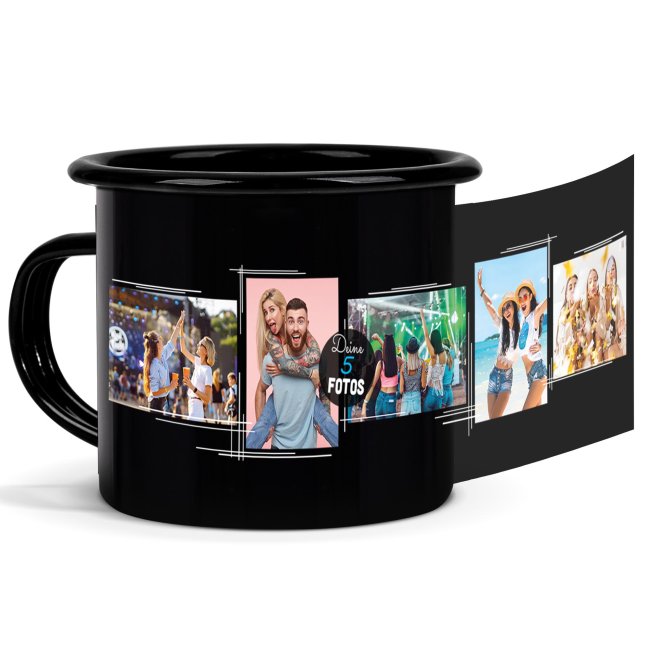 Emaille-Tasse in schwarz - mit Fotocollage f&uuml;r f&uuml;nf Fotos gestalten