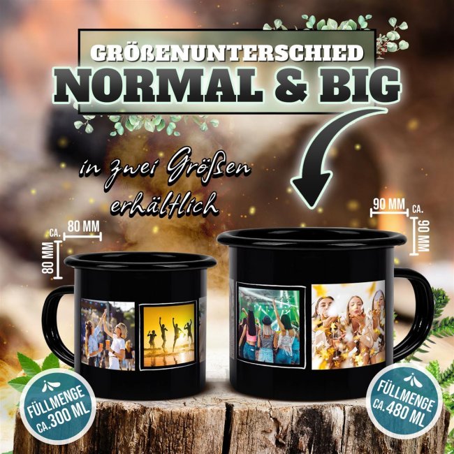 Schwarze Tasse aus Emaille mit Fotocollage gestalten