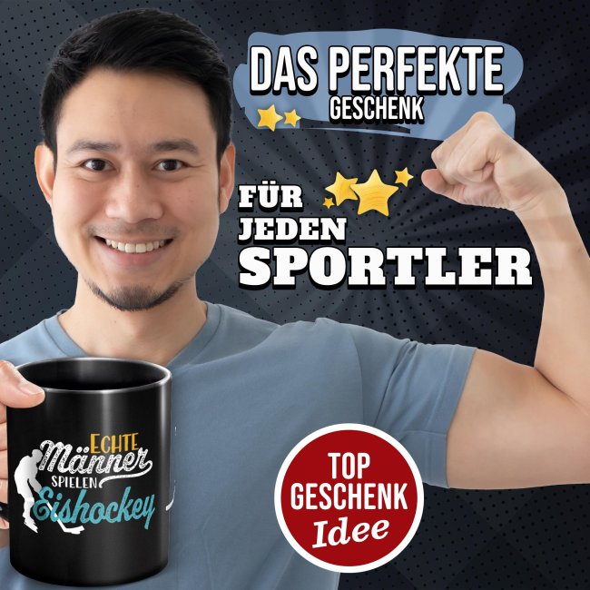 Schwarze Tasse mit Spruch - Echte M&auml;nner spielen Eishockey