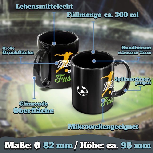 Schwarze Tasse mit Spruch - Echte M&auml;nner spielen Fu&szlig;ball