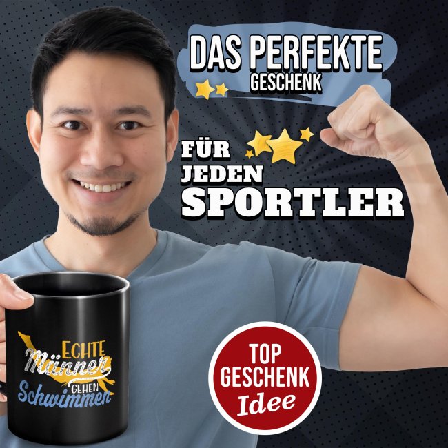 Schwarze Tasse mit Spruch - Echte M&auml;nner gehen Schwimmen