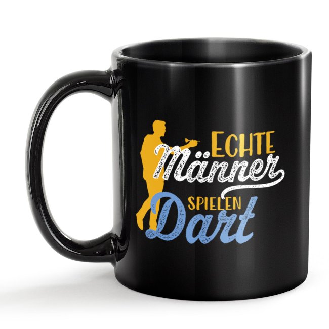 Schwarze Tasse mit Spruch - Echte M&auml;nner spielen Dart