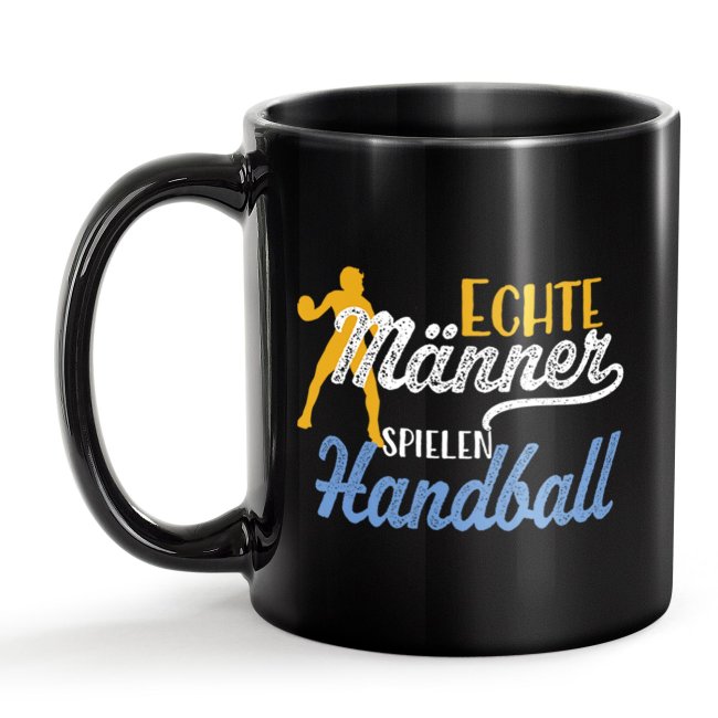 Schwarze Tasse mit Spruch - Echte M&auml;nner spielen Handball