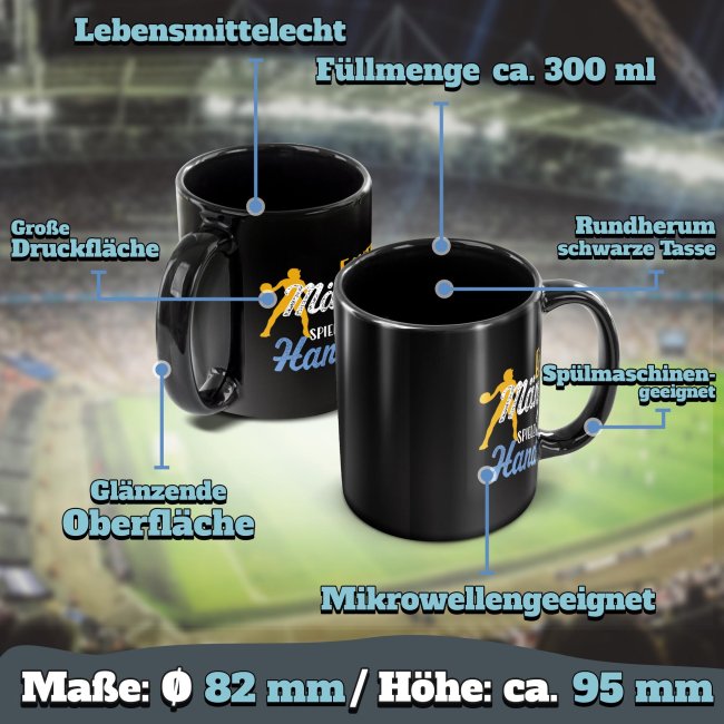 Schwarze Tasse mit Spruch - Echte M&auml;nner spielen Handball