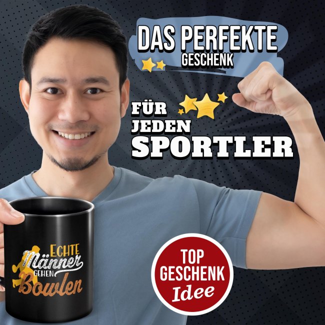 Schwarze Tasse mit Spruch - Echte M&auml;nner gehen Bowlen