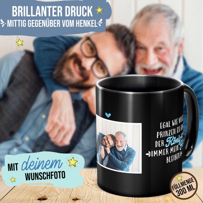 Schwarze Tasse f&uuml;r Papa von Tochter - Papa ist mein K&ouml;nig - mit Foto