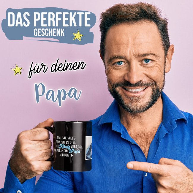 Schwarze Tasse f&uuml;r Papa von Tochter - Papa ist mein K&ouml;nig - mit Foto