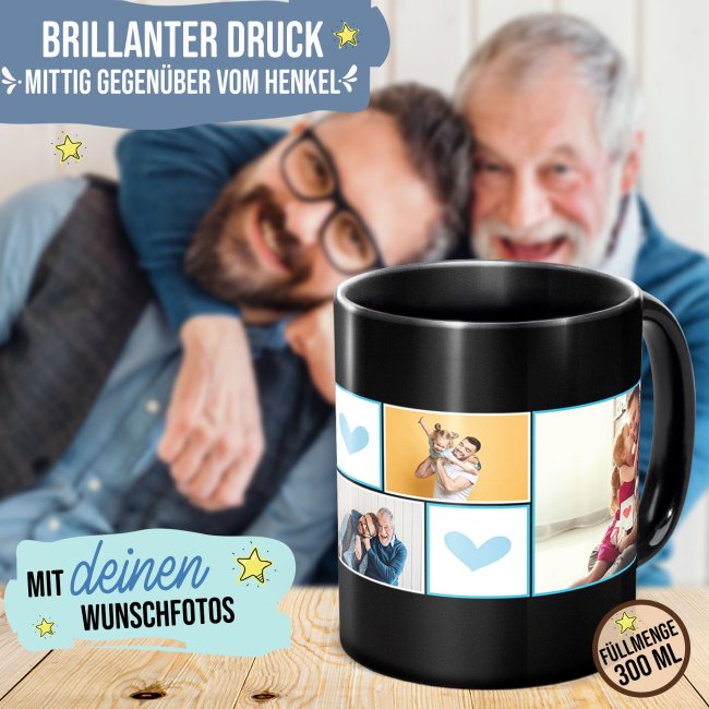 Schwarze Tasse - Bester Papa - mit drei Fotos