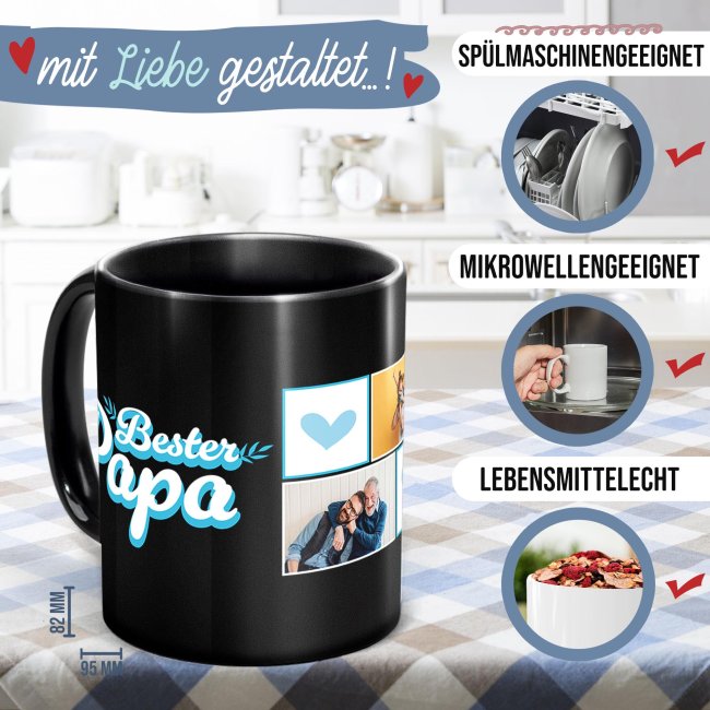 Schwarze Tasse - Bester Papa - mit drei Fotos