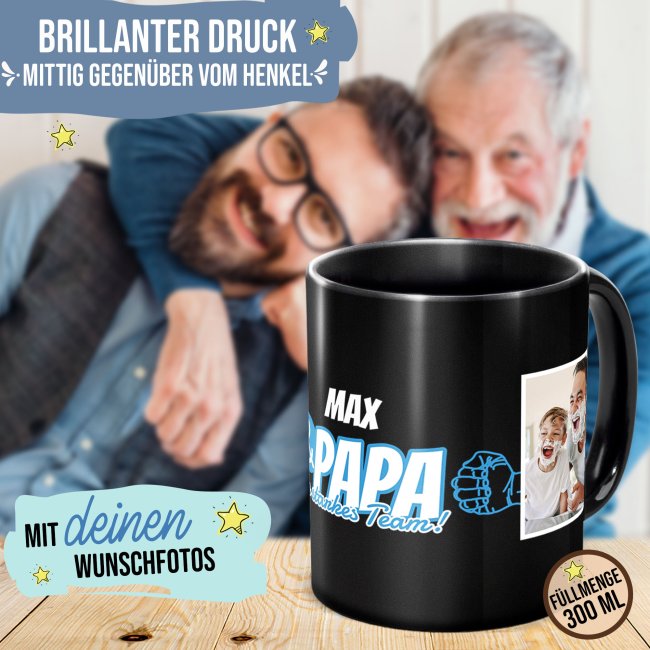 Tasse schwarz f&uuml;r Papa - Starkes Team - mit Name und Fotos