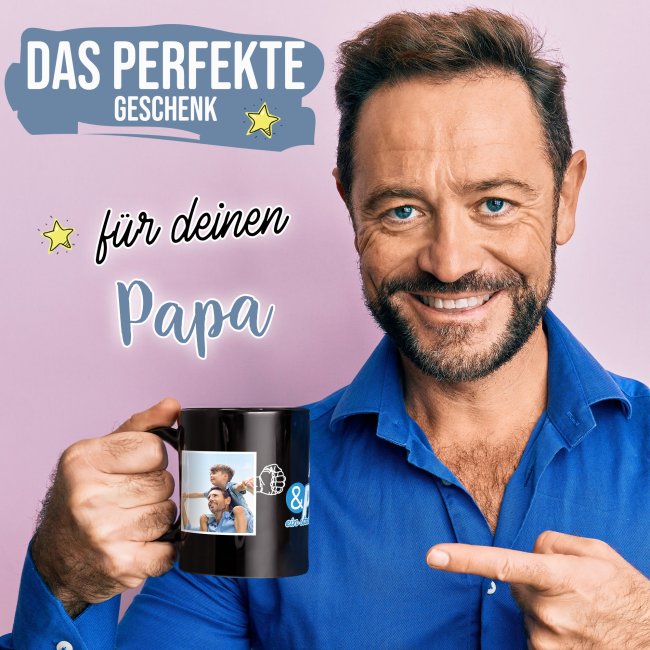 Tasse schwarz f&uuml;r Papa - Starkes Team - mit Name und Fotos