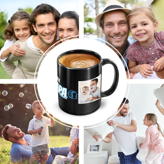 Tasse schwarz f&uuml;r Papa - Starkes Team - mit Name und Fotos